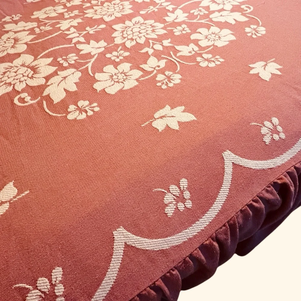 Vintage Tapestry Style Queen Bedspread Rose Colored White Floral Pattern